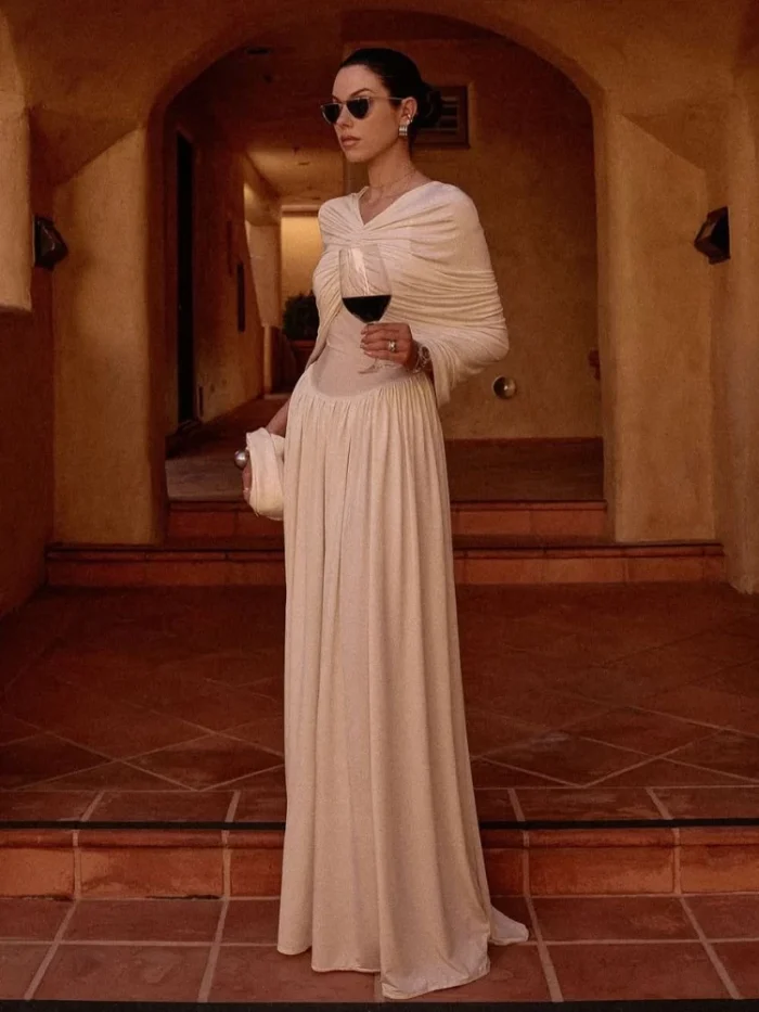 White Fold V-neck Elegant Long - Image 1