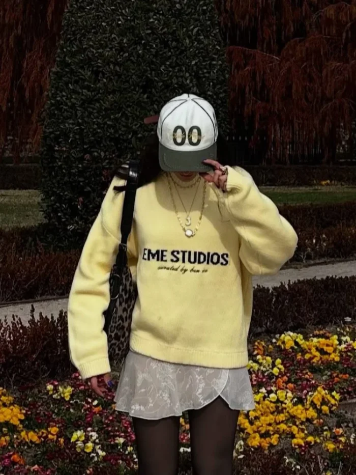 Letter Yellow Round Neck Loose - Image 4