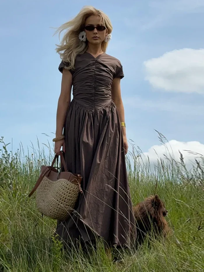 Elegant Pleated V-neck Long - Image 6