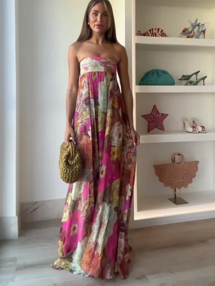 Fashion Printed Strapless Maxi