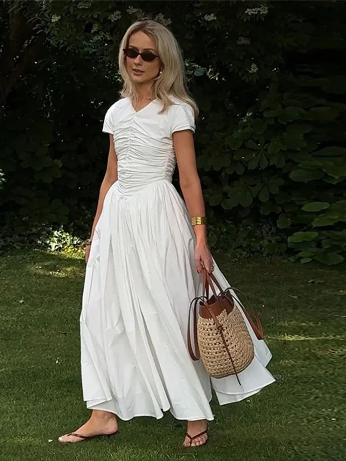 Elegant Pleated V-neck Long - Image 2