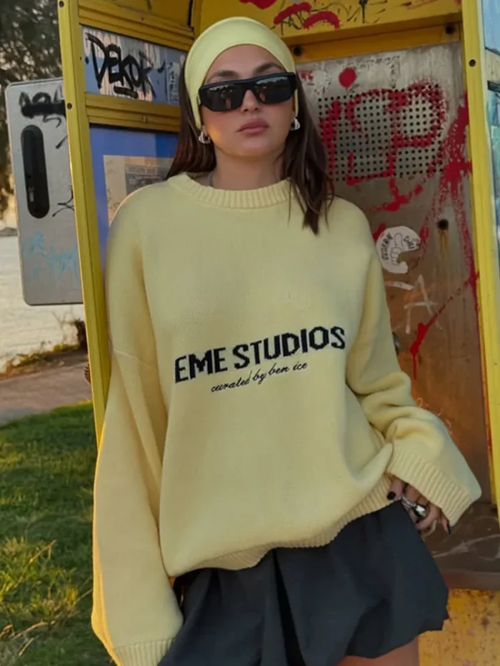 Letter Yellow Round Neck Loose - Image 6