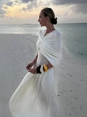 White Fold V-neck Elegant Long - Image 4