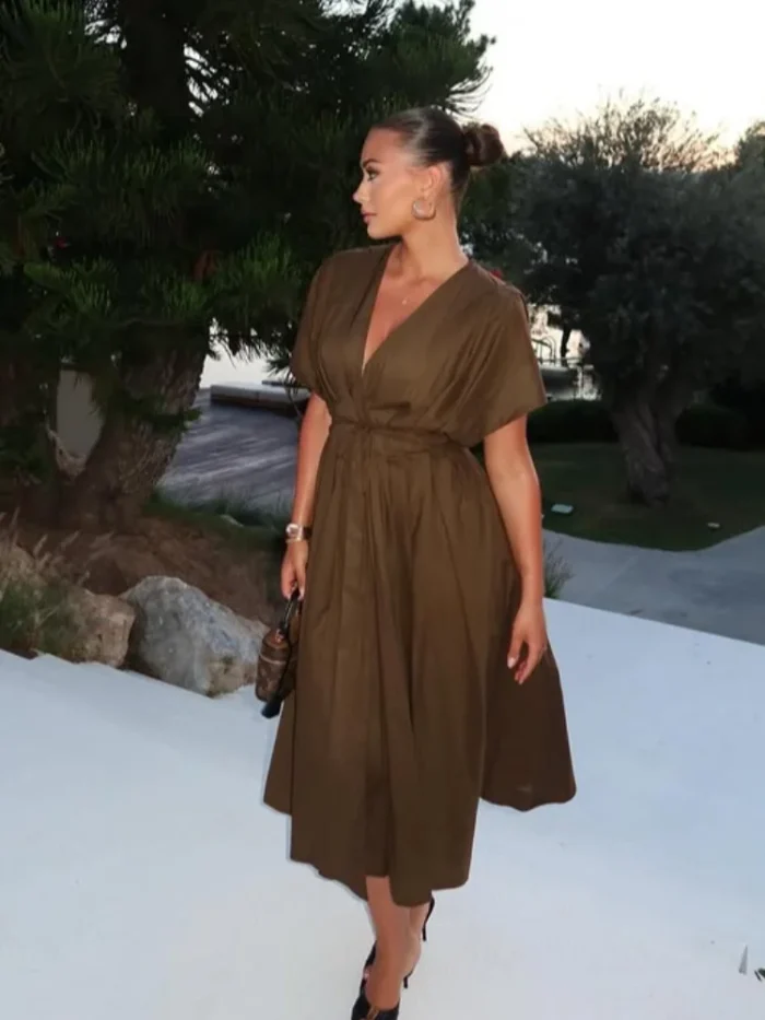 Elegant Deep V Neck Pleated Long - Image 4
