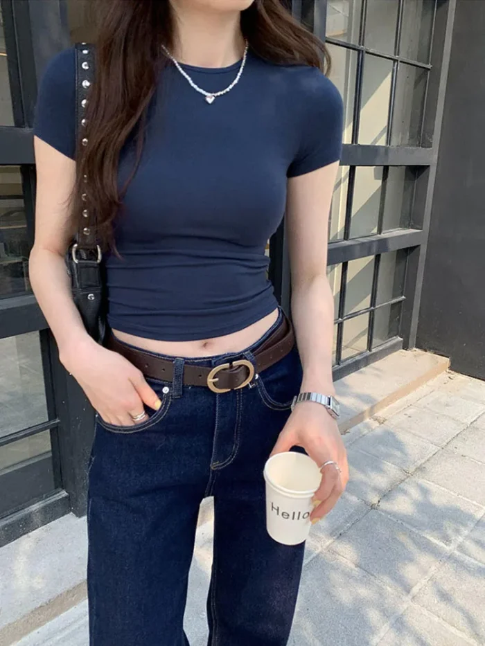 Basic Solid Crop Top Short Sleeve - Image 4