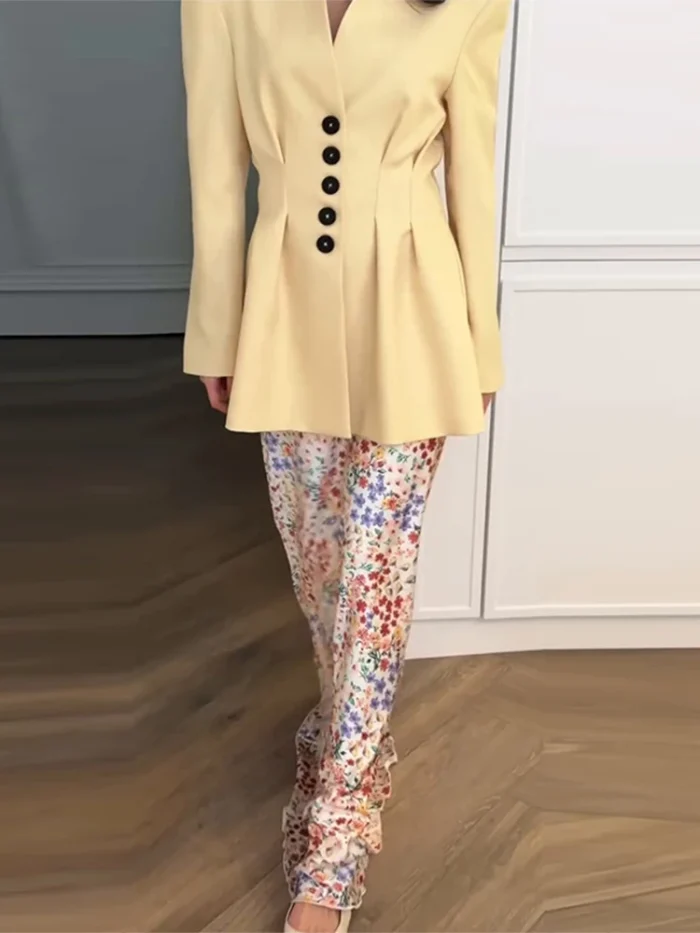 Light Yellow Buttoned V Neck Blazer - Image 2