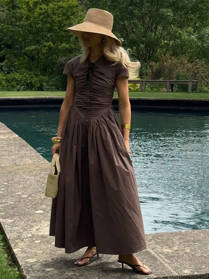 Elegant Pleated V-neck Long - Image 4