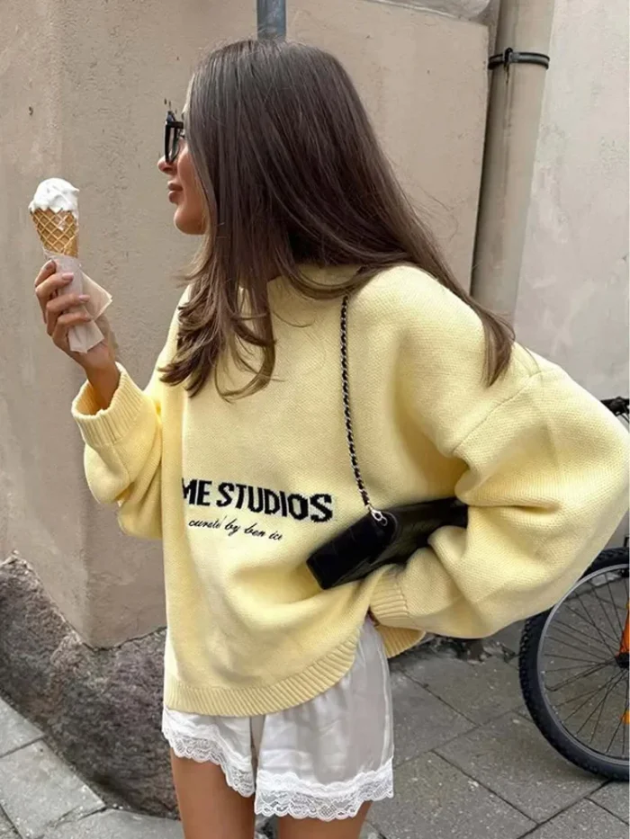 Letter Yellow Round Neck Loose - Image 2