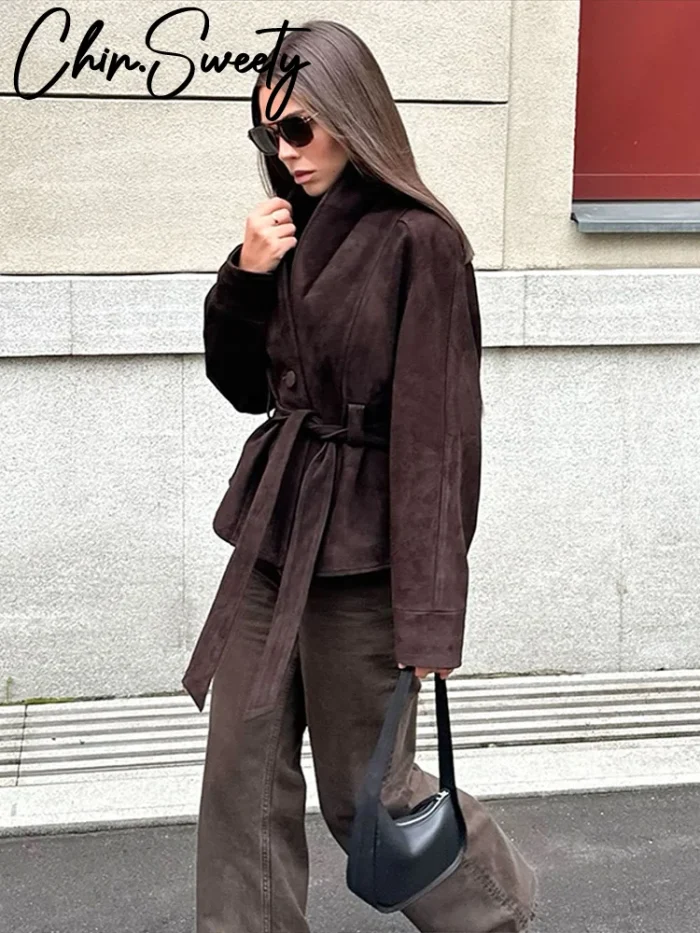Retro Velvet with Belt Coats Women - Image 2
