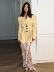 Light Yellow Buttoned V Neck Blazer - Image 4