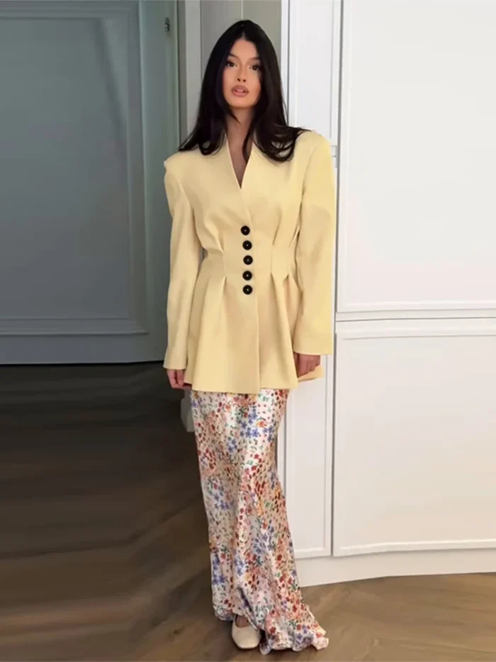 Light Yellow Buttoned V Neck Blazer - Image 4