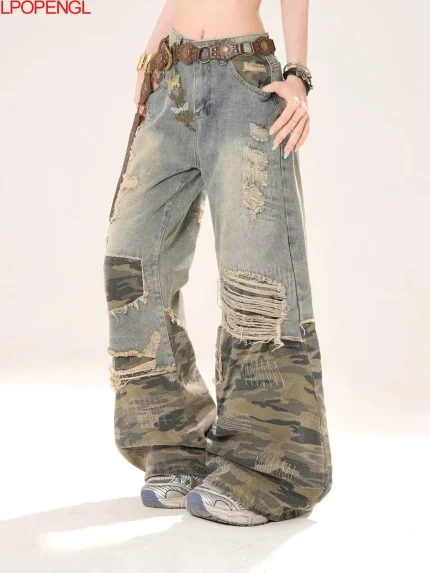 Vintage Camouflage Ripped Spliced