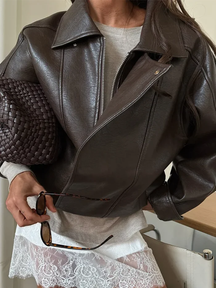 Brown Lapel Pu Leather Jacket Women - Image 5
