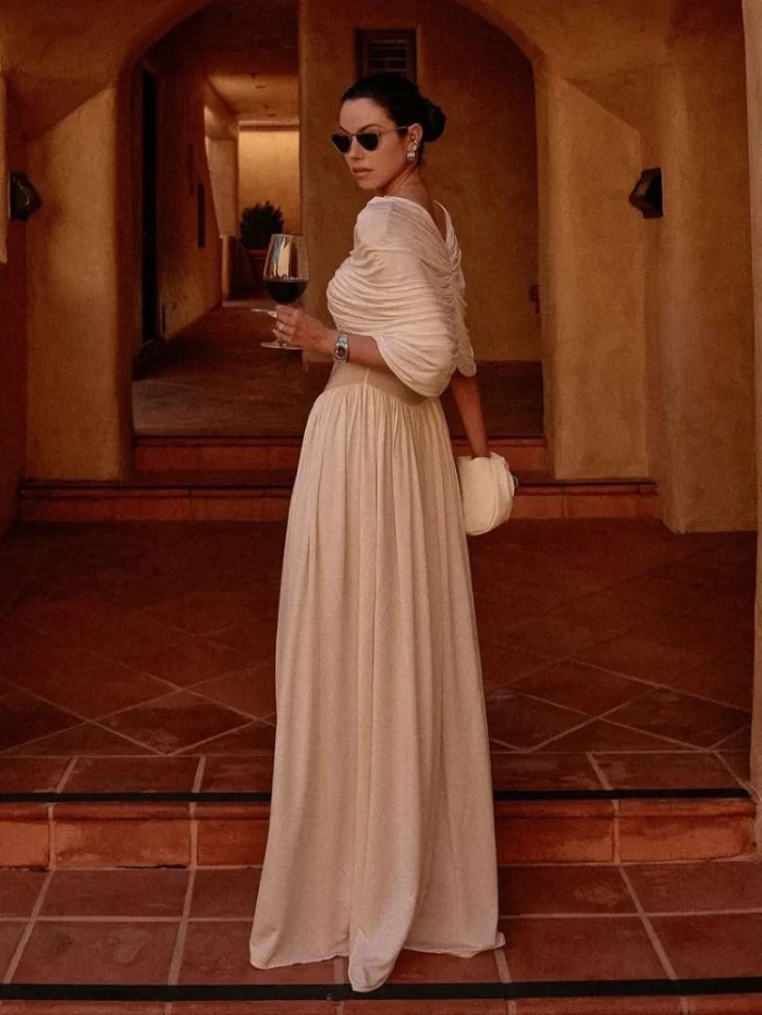 White Fold V-neck Elegant Long - Image 2
