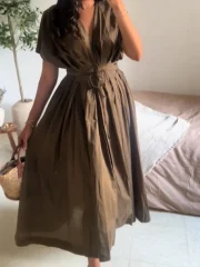 Elegant Deep V Neck Pleated Long - Image 3