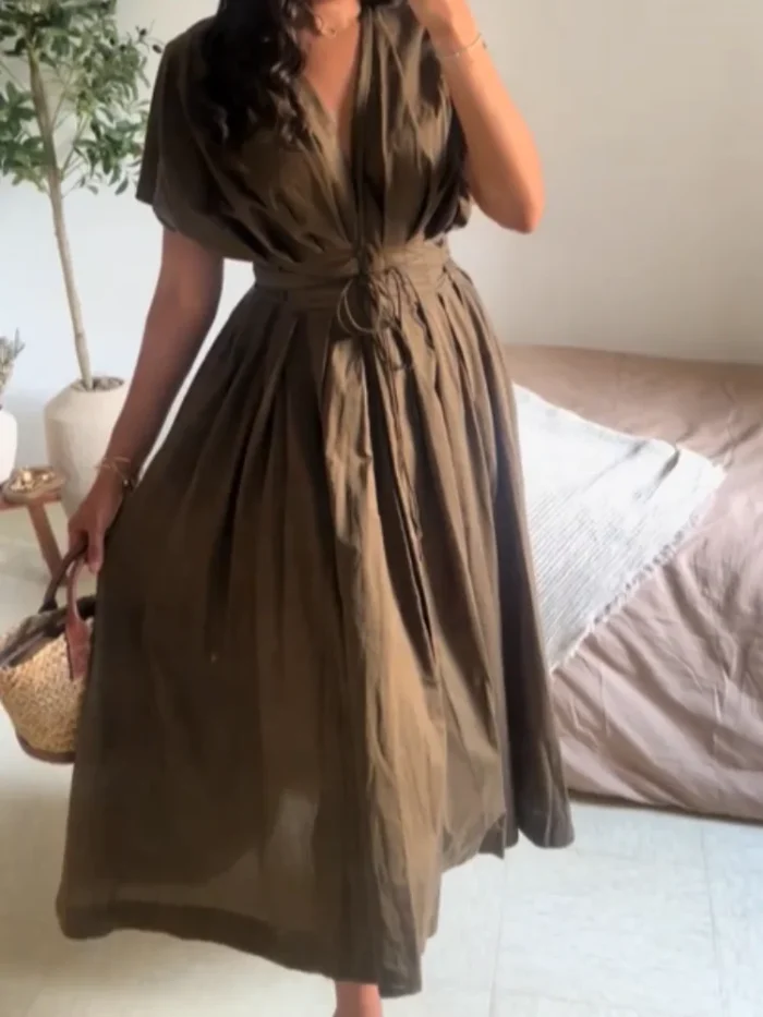 Elegant Deep V Neck Pleated Long - Image 3