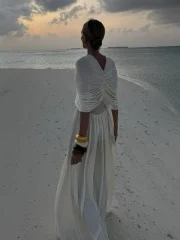 White Fold V-neck Elegant Long - Image 5