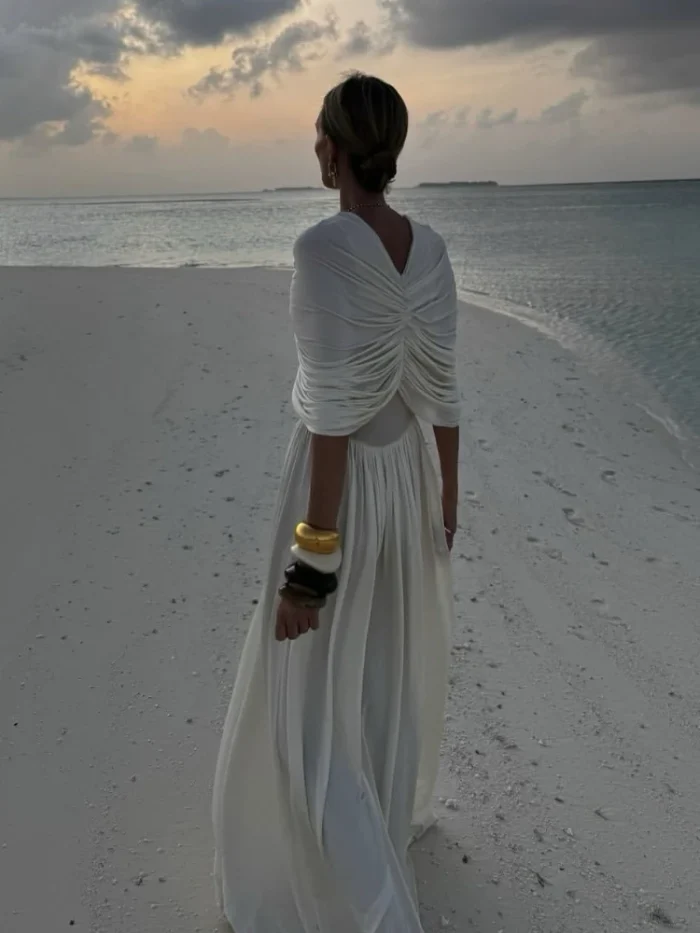 White Fold V-neck Elegant Long - Image 5