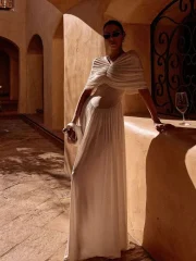 White Fold V-neck Elegant Long - Image 3