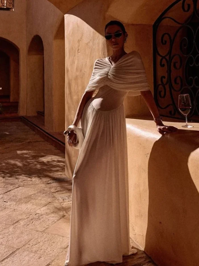 White Fold V-neck Elegant Long - Image 3