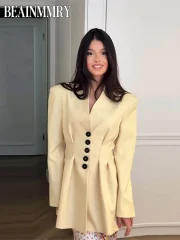 Light Yellow Buttoned V Neck Blazer