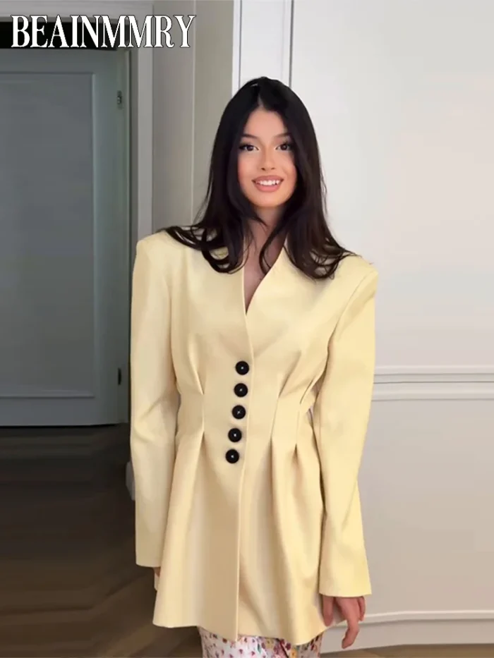 Light Yellow Buttoned V Neck Blazer - Image 1