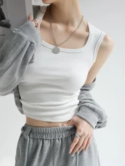 Women Solid U Neck Ribbed Tank - Image 2